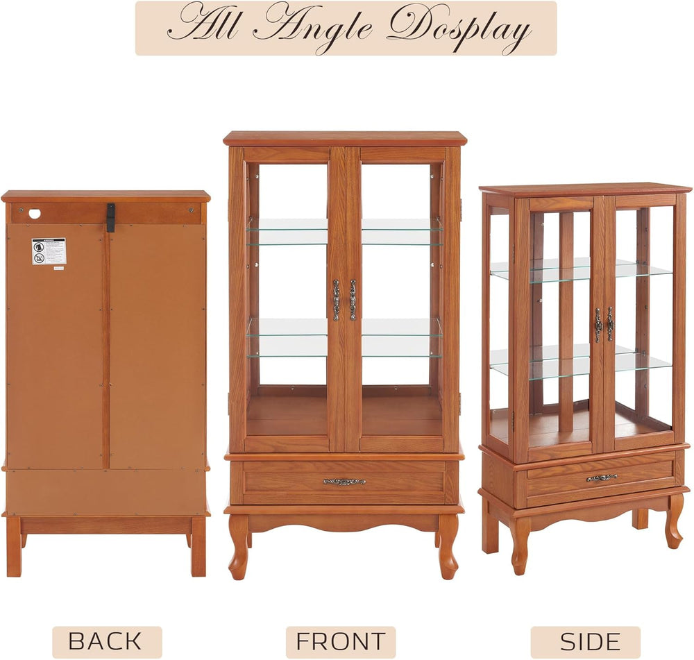 52" Lighted Accent Curio Cabinet, 3-Tier Antique Storage Cabinet with Te...
