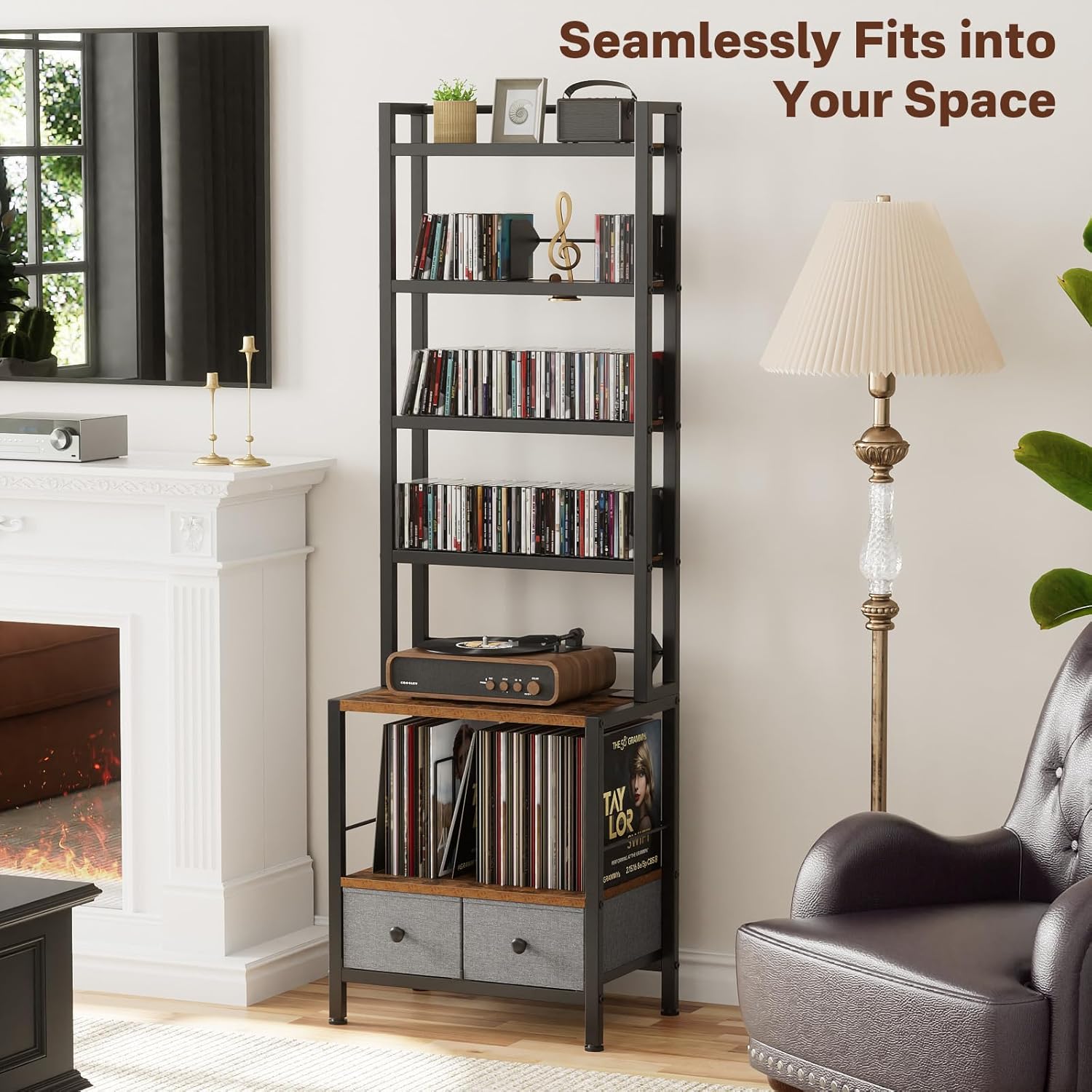 DVD Storage Vinyl Record Storage Rack, 6-Tier CD Rack Tower with Drawers for CDs, DVDs, Albums, Books & Games, Vinyl Record Holder & DVD Shelf Organizer for Living Room & Home Office, 20.8x11.8x63Inch