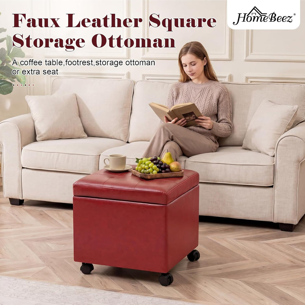 Homebeez Storage Ottoman with Rolling Wheels, PU Leather Tufted Cube Footrest...