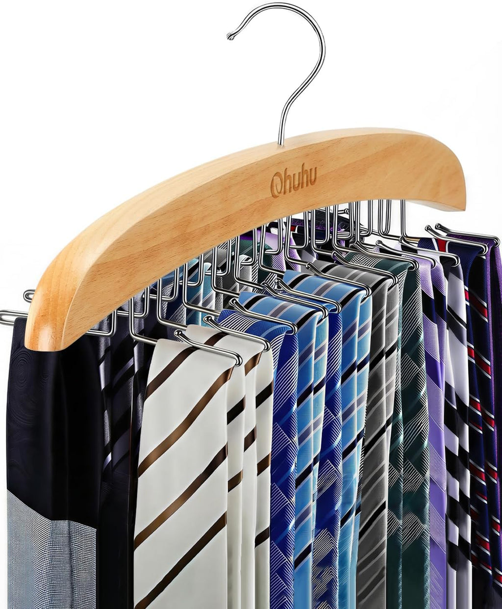 Ohuhu 24-Hook Wooden Tie Rack Organizer for Closet – Space Saving Hanger with 360° Rotating Anti-Slip Clips, Holds 24 Ties Securely Without Wrinkles – Premium Hardwood & Rustproof Steel