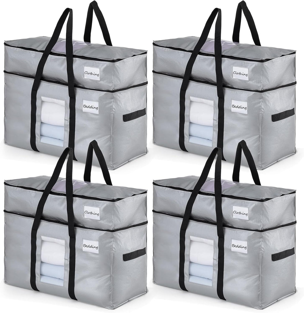 TAILI 2 Tier Extra Large Moving Bags, 4 Pack Silver Heavy Duty Totes for Storage with Visible Window, Wrap Around Handles, Storage Bags for Space Saving, Alternative to Moving Boxes