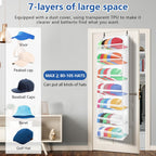 7-layer large capacity Hat Organizer, Hat Rack for Door With Dust Cover, Adjustable Hooks, And Transparent Visible Over The Door Hat Rack, Ideal for Home Organizatio