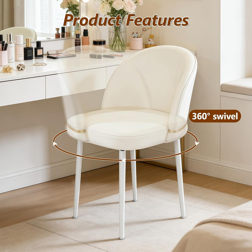JPBSTO Swivel Vanity Chair No Wheels, Armless Desk Chair with Metal Legs, Single Dining Chair with Ergonomic Back for Bedroom, Office, Dining Room, Beige