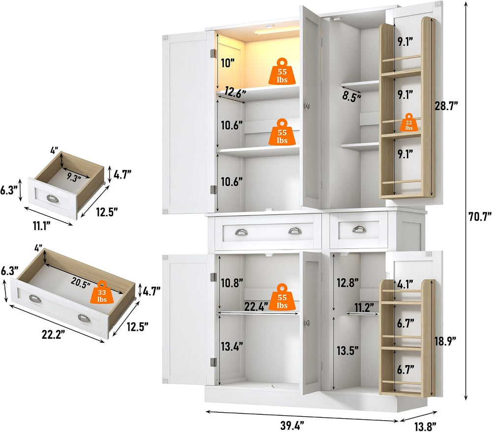 71"H Tall Kitchen Pantry Cabinet with LED Lights,39"W Modern Large ...
