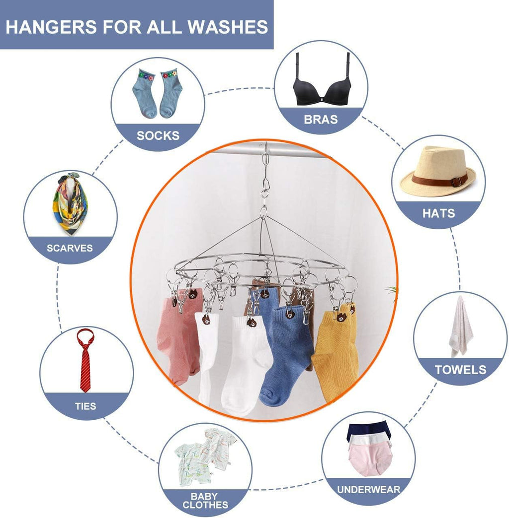 CenYouful 2 Pack Stainless Steel Round Hanging Drying Rack with 20 Clips for Drying Socks, Baby Clothes, Bras, Towel, Underwear, Hat, Scarf, Pants, Gloves