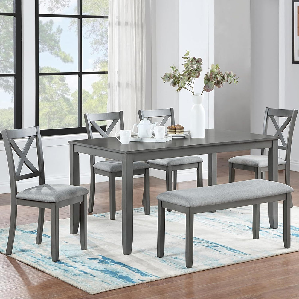 Merax 6-Piece Solid Wood Dining Table Set, Wooden Legs, Gray