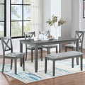 KEIKI 6-Piece Standard Height Dining Table Set with Rectangular Table, 4 Upholstered X-Shaped Backrset Chair, Bench, for 6 Person, Modern Style Table Set, Easy Assembly, for Kitchen, Dining Room, Gray