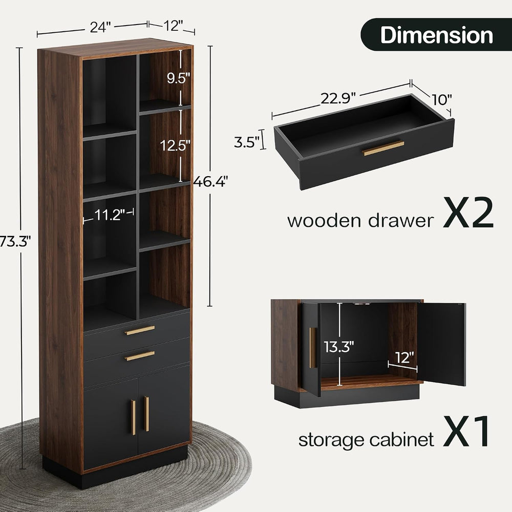 ModernMate 73.3" Bookcase with 2 Drawers and Doors, 8 Storage Cubes