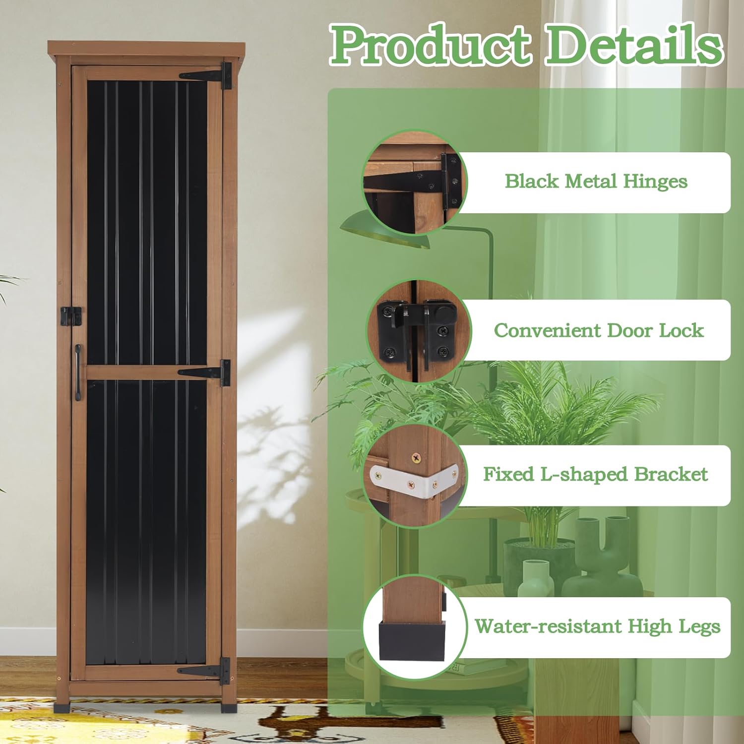 62" H Tall Narrow Outdoor Storage Cabinet with Metal Top, Outdoor Shed Storage Unit Waterproof with Adjustable Shelves for Garden, Patio, Living Room, or Entryway Storage, Black