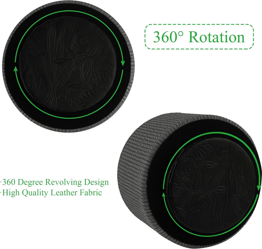 Round Leather Art Supply Organizer,Remote Control Holder,360 Degree Spinning,Multi-Functional Pencil Holder,4 Compartments Desktop Stationary Organizer(1-Wood Black)