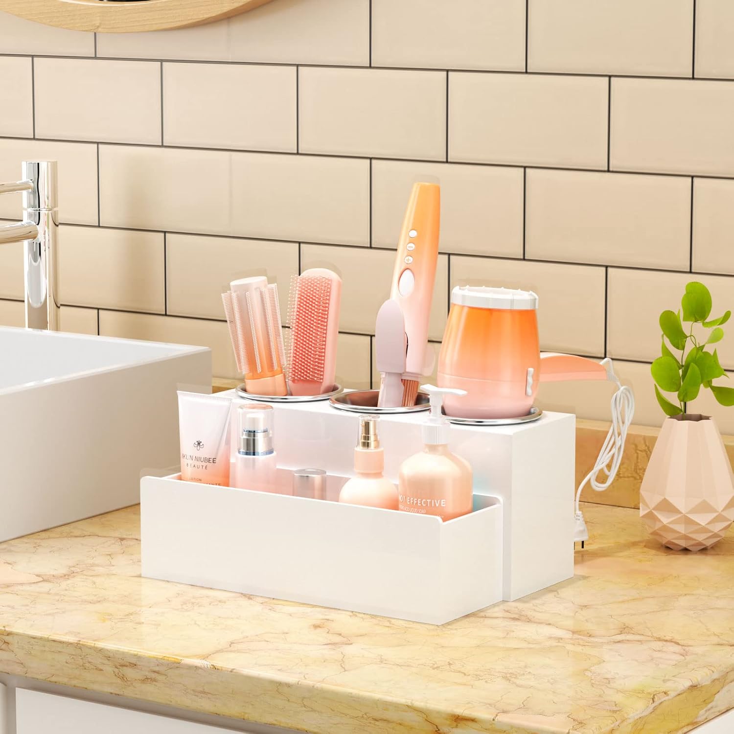 NIUBEE Hair Tool Organizer, Acrylic Hair Dryer and Styling Holder, Bathroom Countertop Blow Dryer Organizer, Vanity Storage Stand for Accessories, Makeup, Toiletries (White)
