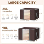 BALEINE 2 Pack Clothes Storage Bags, 16 Gallon Storage Containers with Reinforced Handle, Sturdy Zipper, Closet Organizer for Blanket, Comforter, Pillow, Bedding (Brown, 2 Pack)