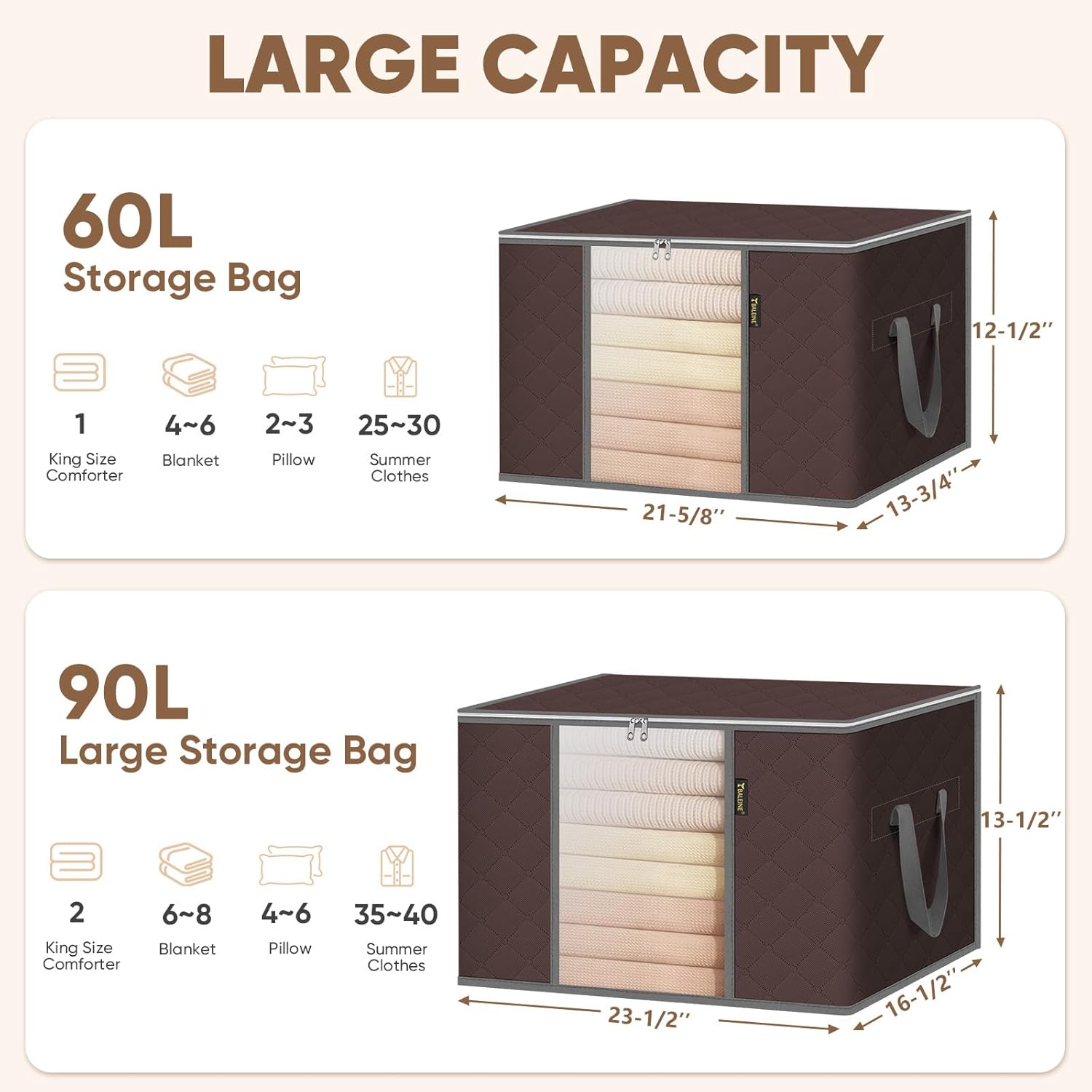 BALEINE 6 Pack Clothes Storage Bags, 16 Gallon Storage Containers with Reinforced Handle, Sturdy Zipper, Closet Organizer for Blanket, Comforter, Pillow, Bedding (Brown, 6 Pack)