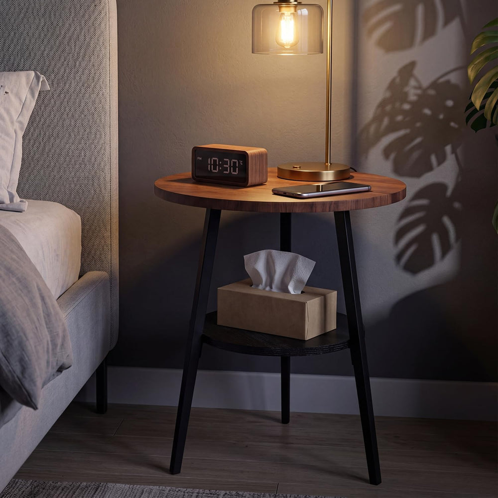 Round End Table, 2-Tier Side Table with Storage Shelf for Small Spaces, Night...