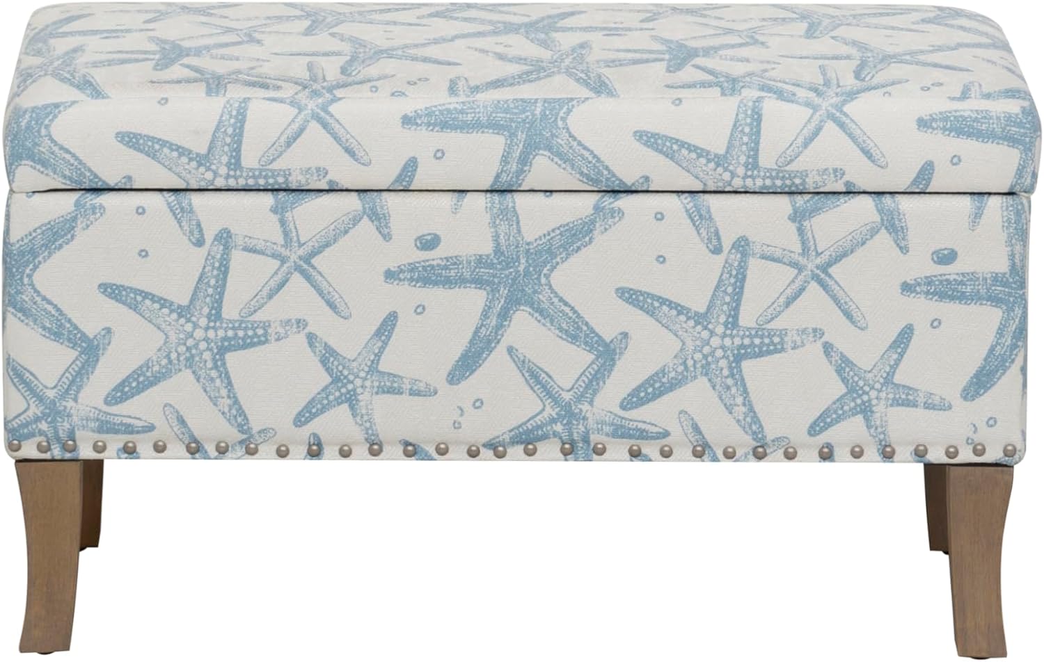 Linon Stephanie Cream and Light Blue Starfish Fully Upholstered Bench with Hidden Interior Storage