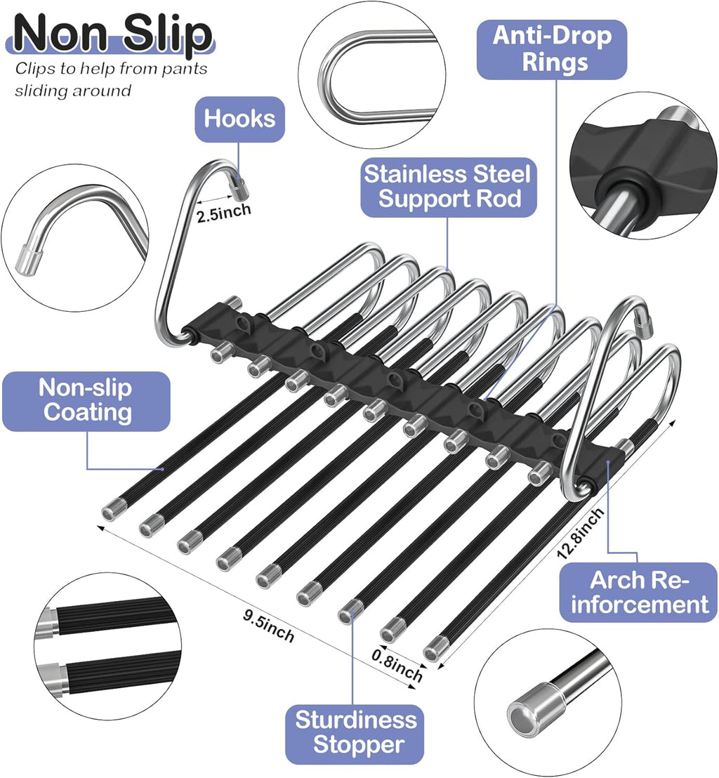 Upgrade 9 Layers Pants Hangers Space Saving, 2 Pack Non Slip Stainless Steel Multifunctional Pants Rack Closet Pant Hanger Organizer with Hooks for Pants Jeans Trousers Dorm Room Essentials, Black