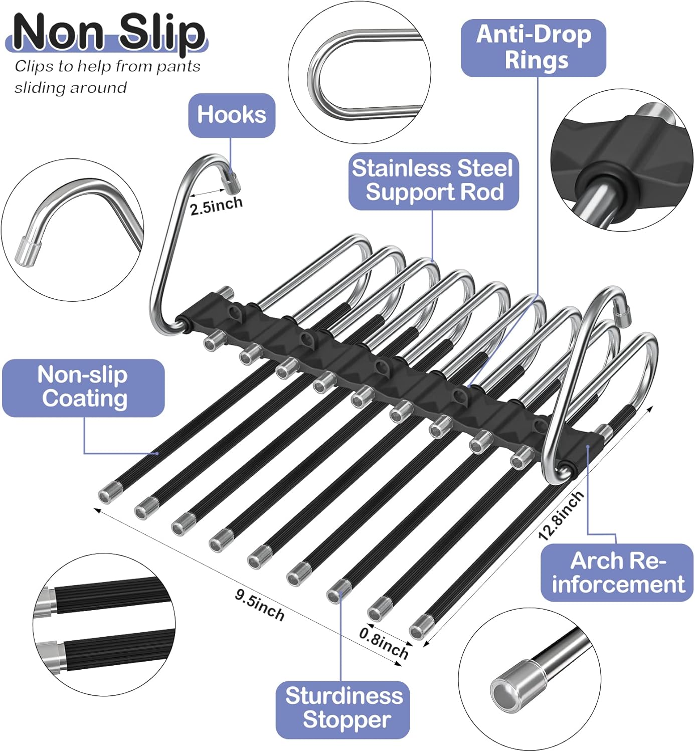 Upgrade 9 Layers Pants Hangers Space Saving, 2 Pack Non Slip Stainless Steel Multifunctional Pants Rack Closet Pant Hanger Organizer with Hooks for Pants Jeans Trousers Dorm Room Essentials, Black