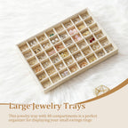 Large Jewelry Organizer for Drawer Insert Velvet Stackable Jewelry Trays for Earring Necklace Bracelet Ring Display (Beige, 48 Grids)