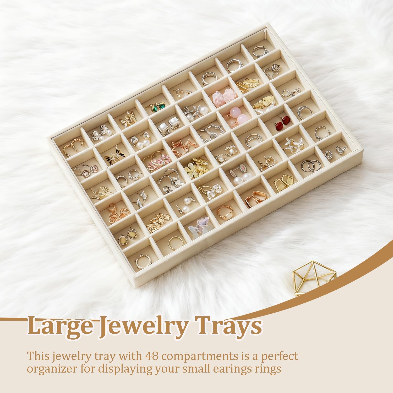 Large Jewelry Organizer for Drawer Insert Velvet Stackable Jewelry Trays for Earring Necklace Bracelet Ring Display (Beige, 48 Grids)