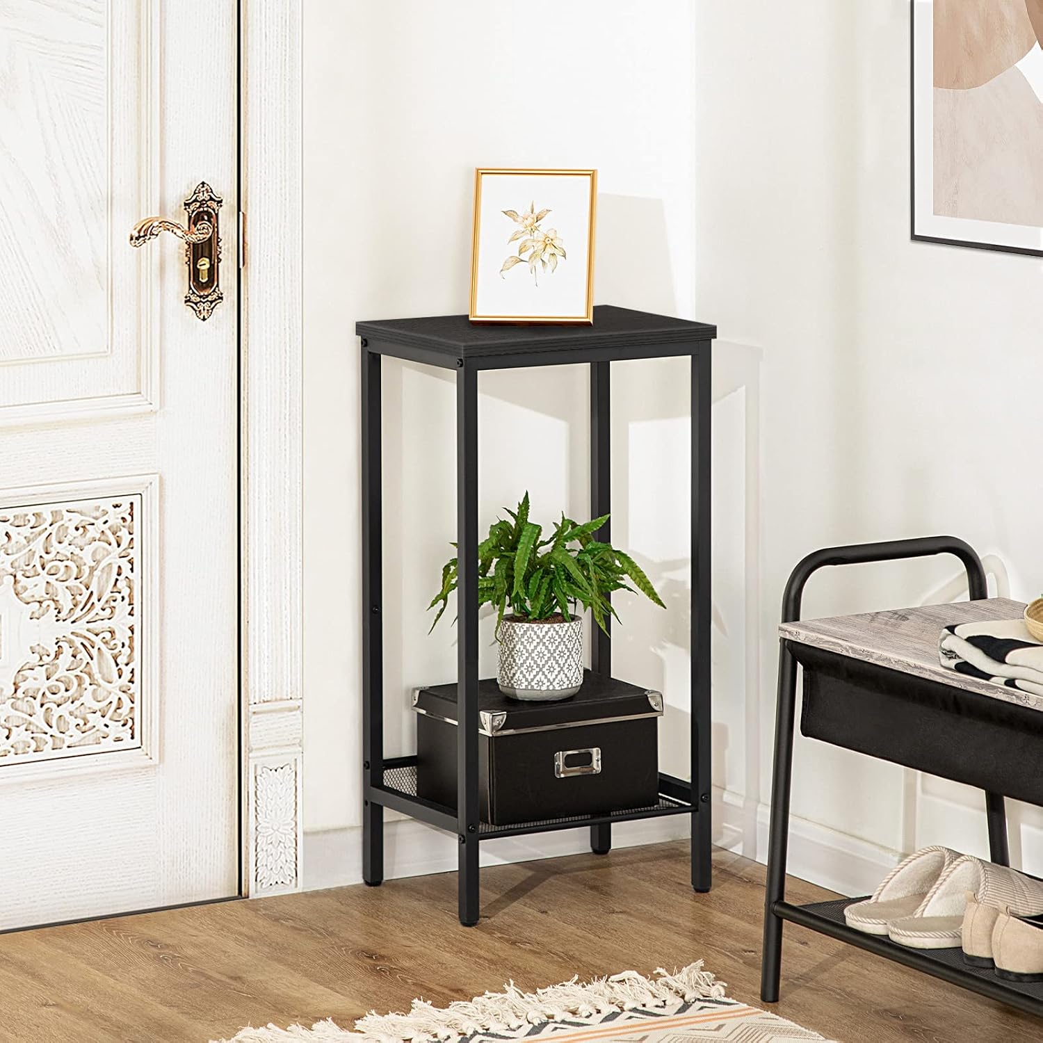 HOOBRO Tall Side Table and Console Table Bundle, with Adjustable Mesh Shelves and Wave-Patterned Legs, for Living Room, Entryway, BB03DH01-BK385XG01