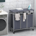 LINZINAR 3 Bag Laundry Basket Sorter Heavy Duty Rolling Lockable Wheels Laundry Hamper Cart with Ironing Board and Removable Bags, Grey