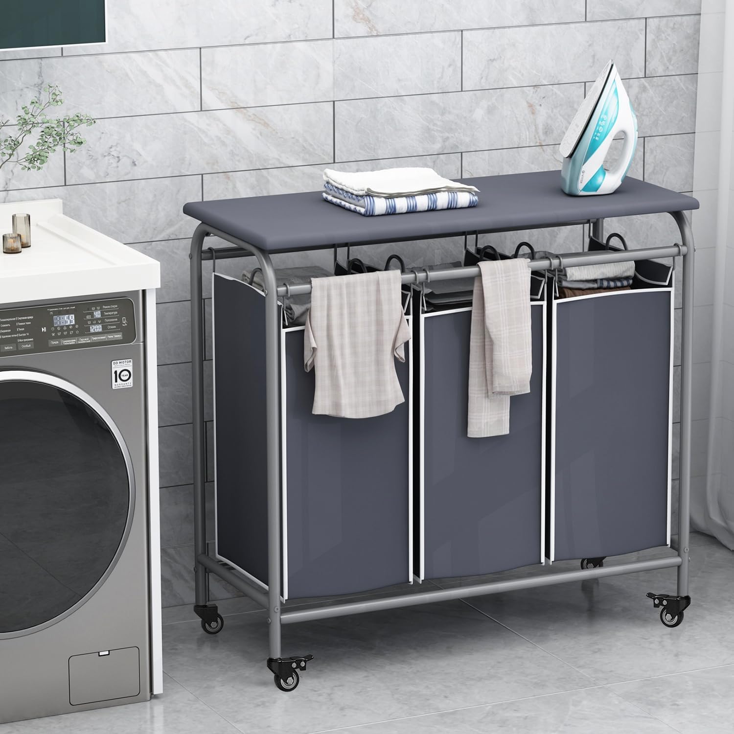 LINZINAR 3 Bag Laundry Basket Sorter Heavy Duty Rolling Lockable Wheels Laundry Hamper Cart with Ironing Board and Removable Bags, Grey