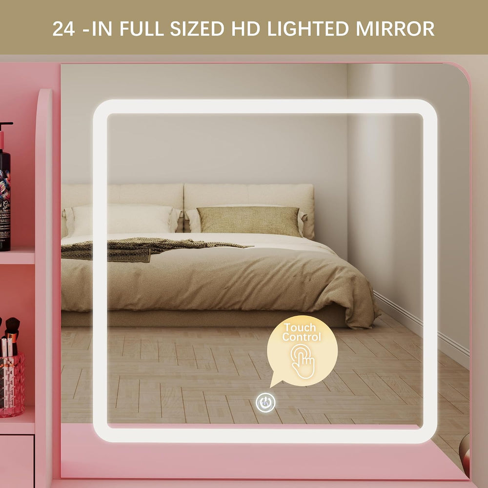 Vanity Desk with LED Mirror, Power Outlet, 5 Drawers Makeup Table | Smart LED...
