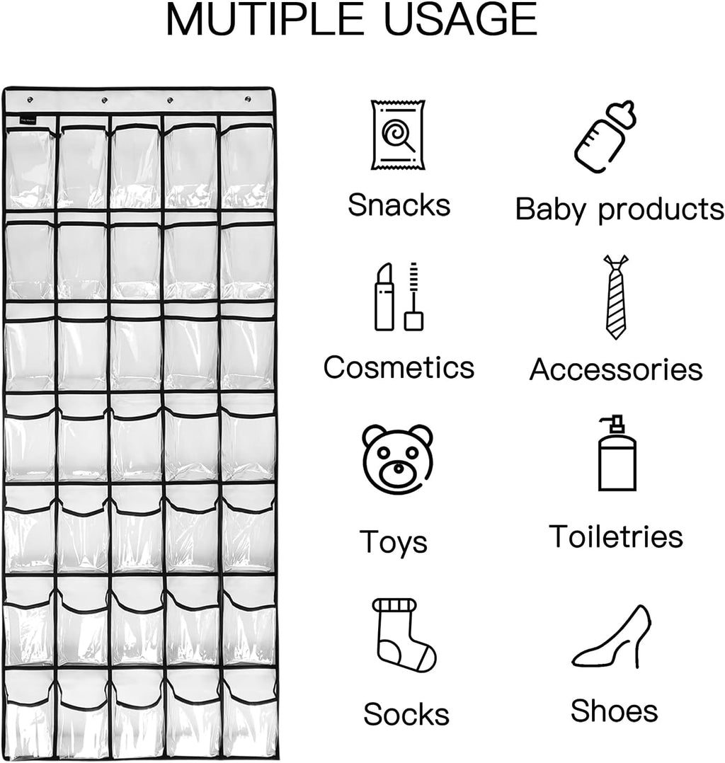 1 Pack 35 Clear Crystal Pockets Large Hanging Shoe Organizer Over The Door Shoe Rack for Closet Door Storage Shoe Holder Hanger, 4Hooks, white (67.7'' x 26.4'')