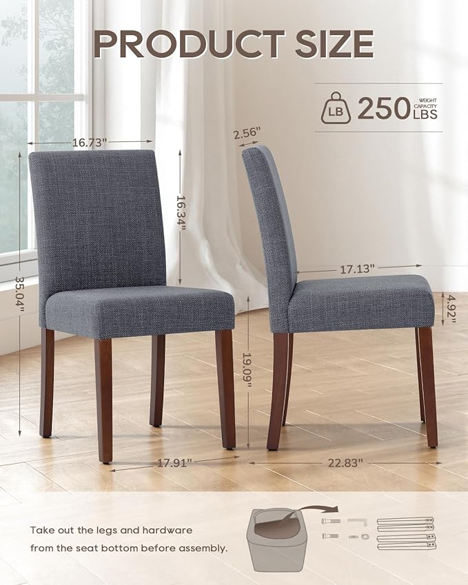 Upholstered Dining Chairs Set of 6 - Line Fabric Modern Farmhouse Kitchen Chairs,Mid-Back Dining Room Chairs with Wooden Legs