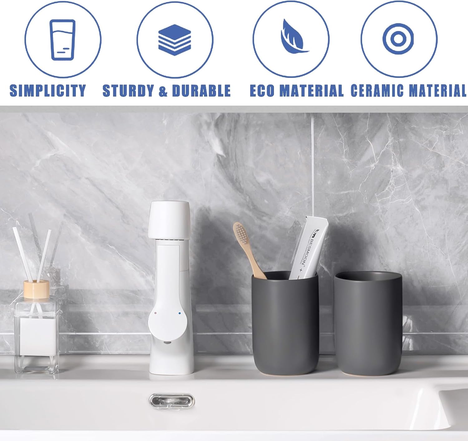Matte Grey Toothbrush Holders for Bathrooms - Ceramic Toothbrush Toothpaste Holders Set, Grey Bathroom Tumbler Cups Reusable Toothbrush Cup, Counter Organizer