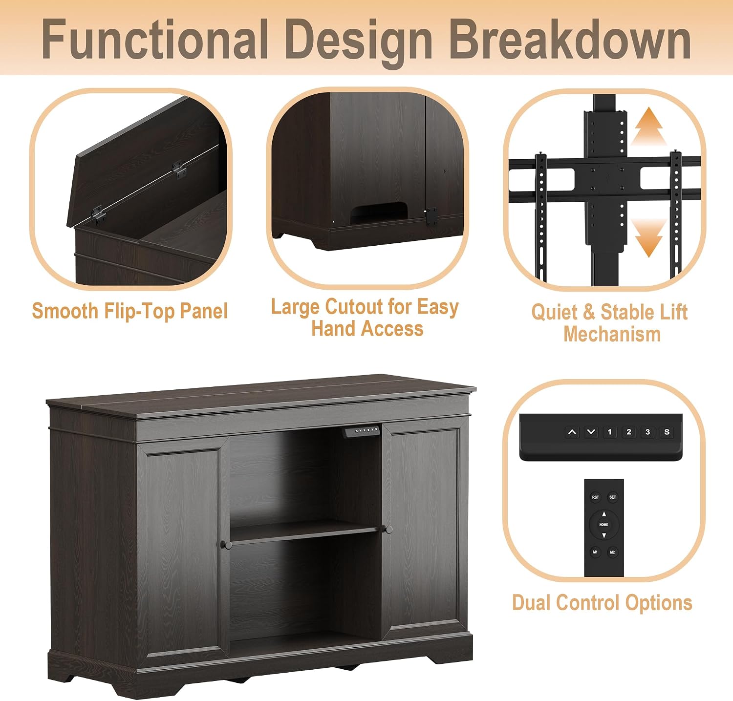 GDLF Hidden Motorized TV Lift Cabinet for 55-65 Inch TVs, Walnut | Remote control operation raises or lowers the screen, while interior compartments organize media devices and accessories