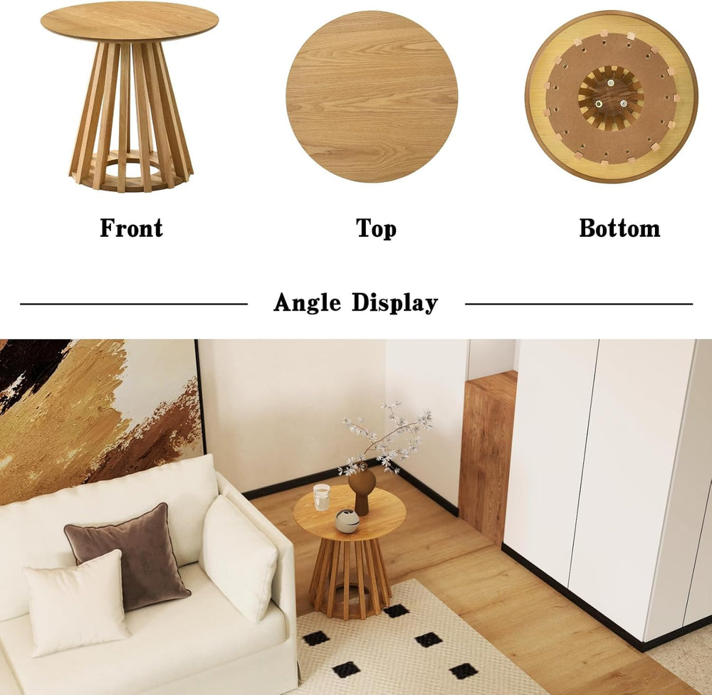 DUOMAY Modern Solid Round Side Table with Geometric Base, Natural Wood Accent...