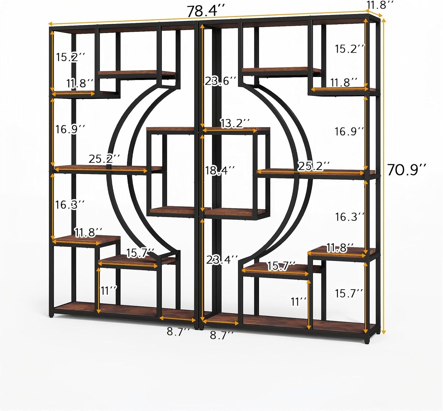 70.8" Tall Bookshelf Set of 2, 79" Wide Geometric Display Shelf with 18 Open Storage Shelves, Etagere Bookcase with Metal Frame – Anti-Tip & Adjustable Feet, Rustic Brown