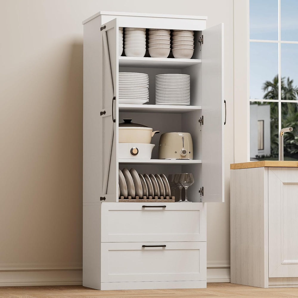 71” H Kitchen Pantry Cabinet, 4-Tier Farmhouse Storage Cabinet with Barn Door...