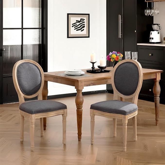 French Country Dining Chairs Set of 6,Farmhouse Upholstered Dining Room Chairs with Round Back and Solid Leg,Fabric Kitchen Side Chairs for Kitchen/Bedroom/Dining Room,Gray