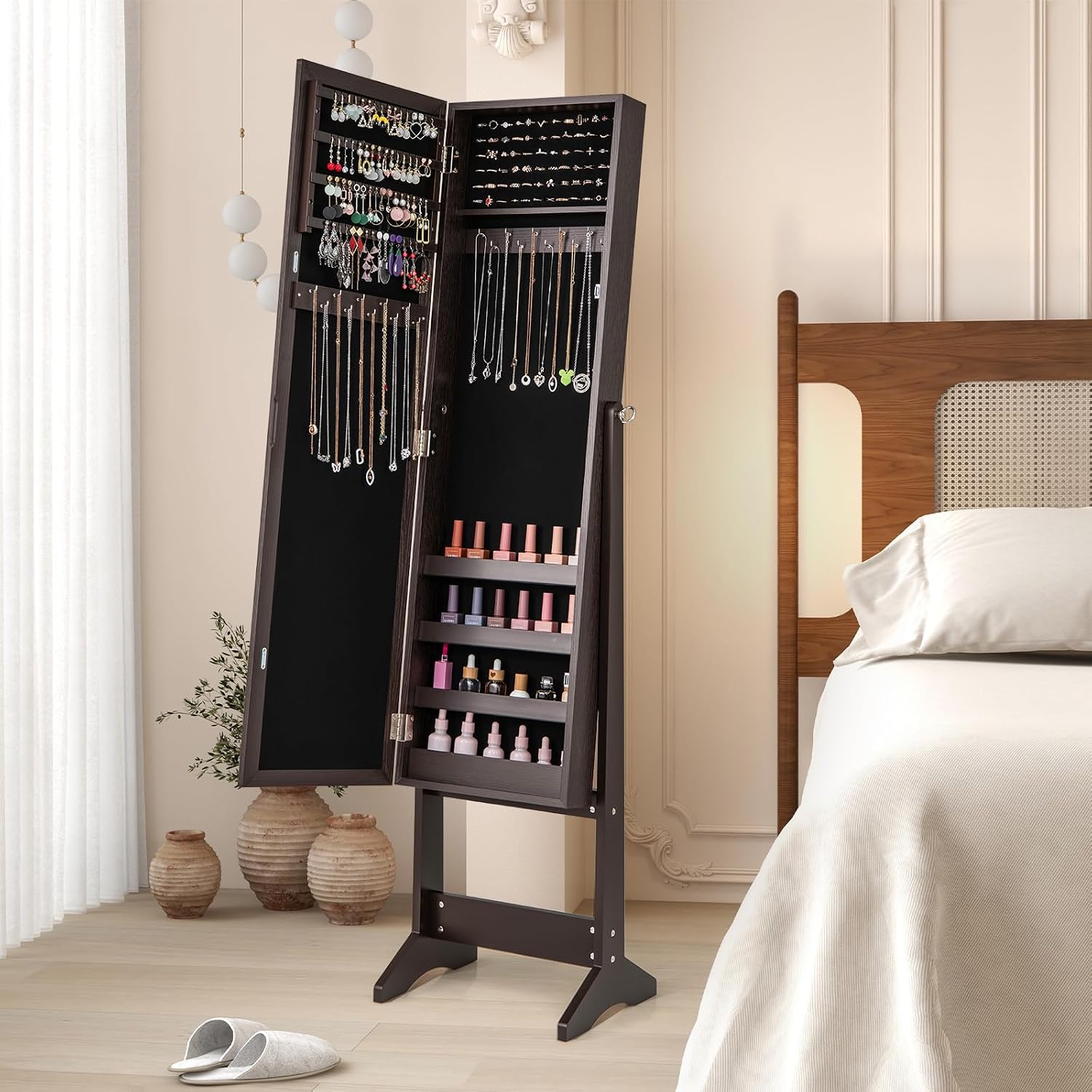COSTWAY Jewelry Armoire Cabinet, Standing Jewelry Organizer with Full-length Mirror & 3 Adjustable Angles, Large Storage Capacity Jewelry Cabinet for Bedroom, Dressing Room (Coffee)