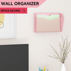 3 Single Pocket Wall File Holder, Mesh Hanging File Folder Paper Organizer, Vertical Wall Mounted Mail Basket, Storage Organization Magazine Rack for Office, Home and School, Pink