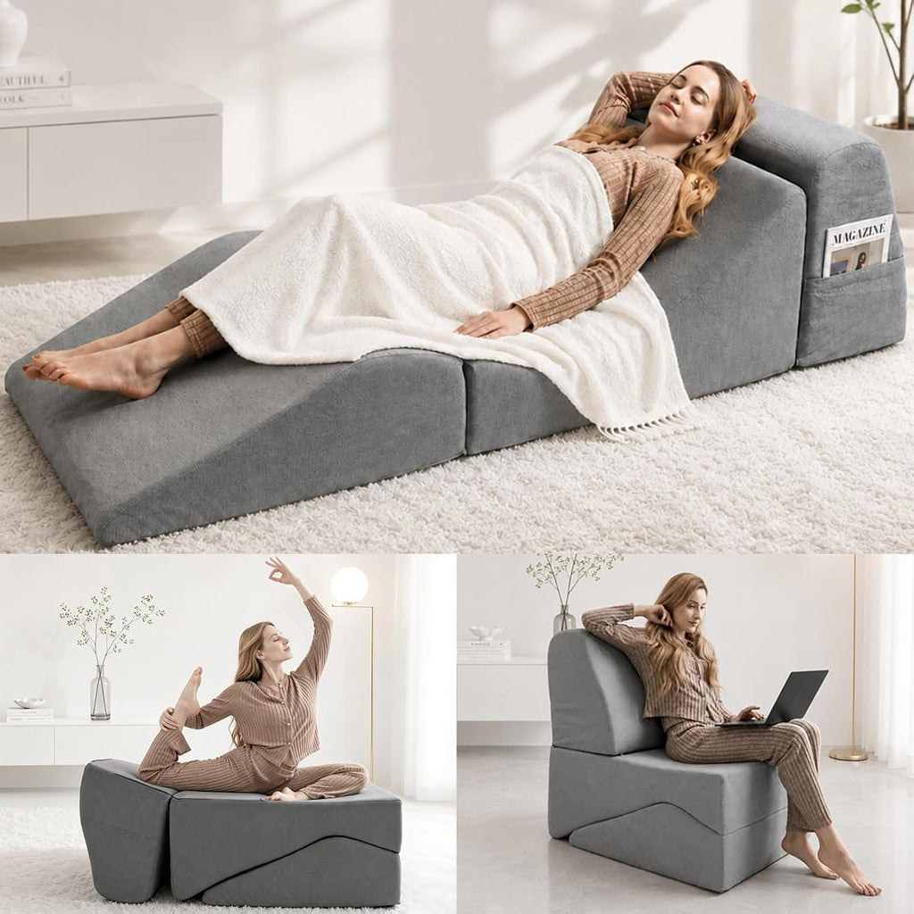 Yoga Chaise Lounge Chair Indoor, 3-in-1 Convertible Boneless Couch Bed | Corduroy Floor Sofa with Memory Foam, Zero Gravity Curved Design, No Assembly Required, for Bedroom, Living Room, Reading
