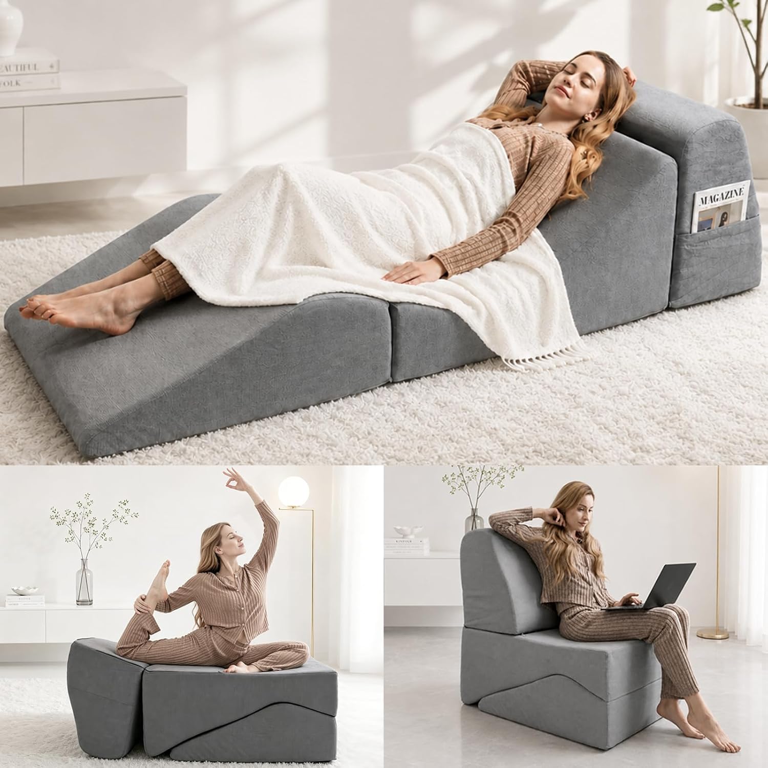 Yoga Chaise Lounge Chair Indoor, 3-in-1 Convertible Boneless Couch Bed | Corduroy Floor Sofa with Memory Foam, Zero Gravity Curved Design, No Assembly Required, for Bedroom, Living Room, Reading