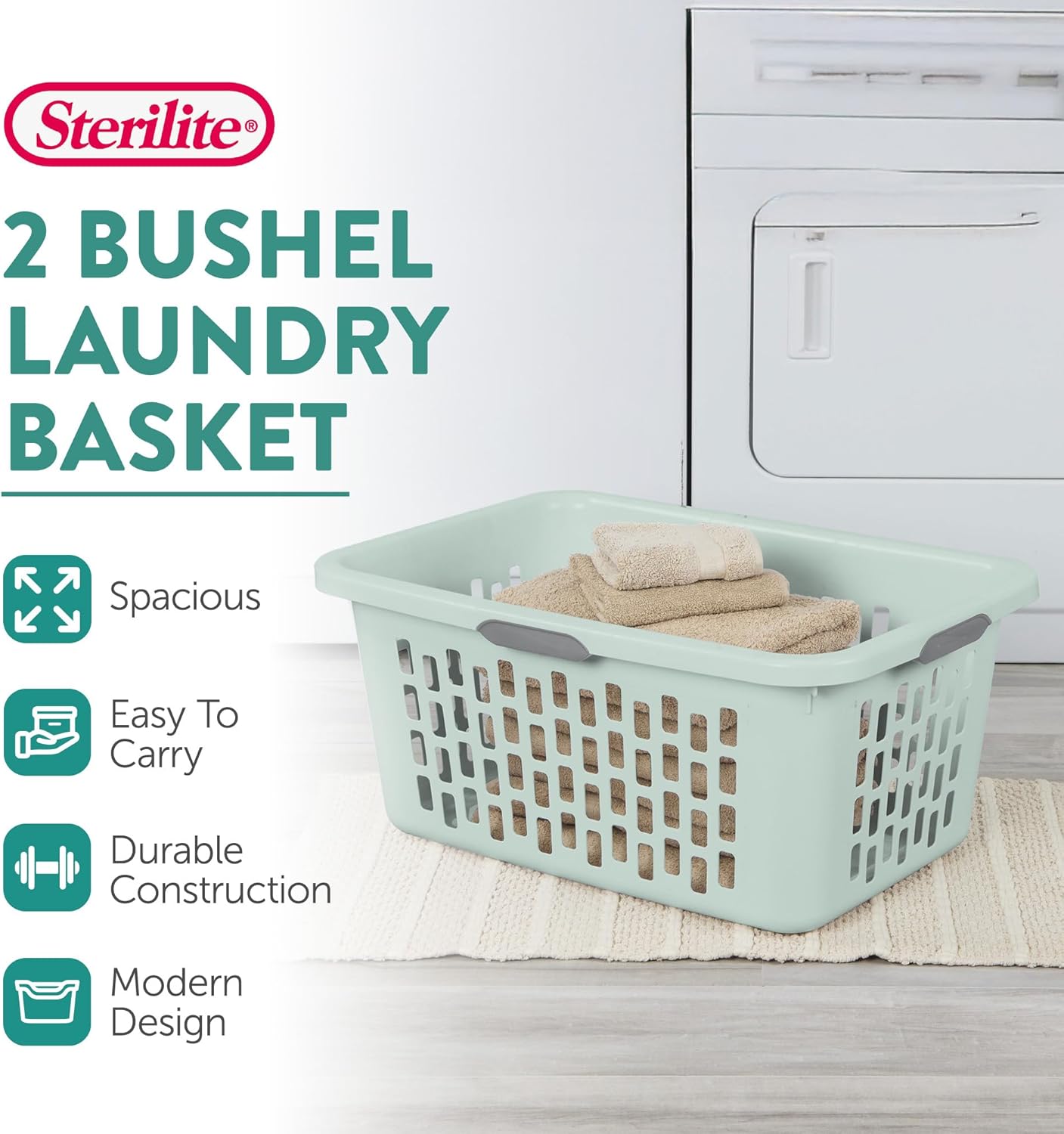 Sterilite Laundry Basket, Plastic Clothes Hamper, Large Rectangle Bin with Comfort Grip Handles and Reinforced Rim, 2 Bushel Capacity, Mint, 6 Pack