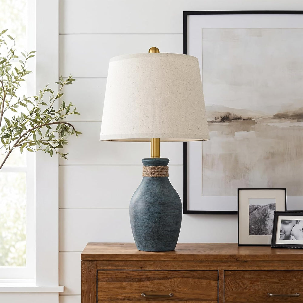 USumkky 22.5" Farmhouse Ceramic Table Lamp Coastal Bedside Lamp Blue‑Grey
