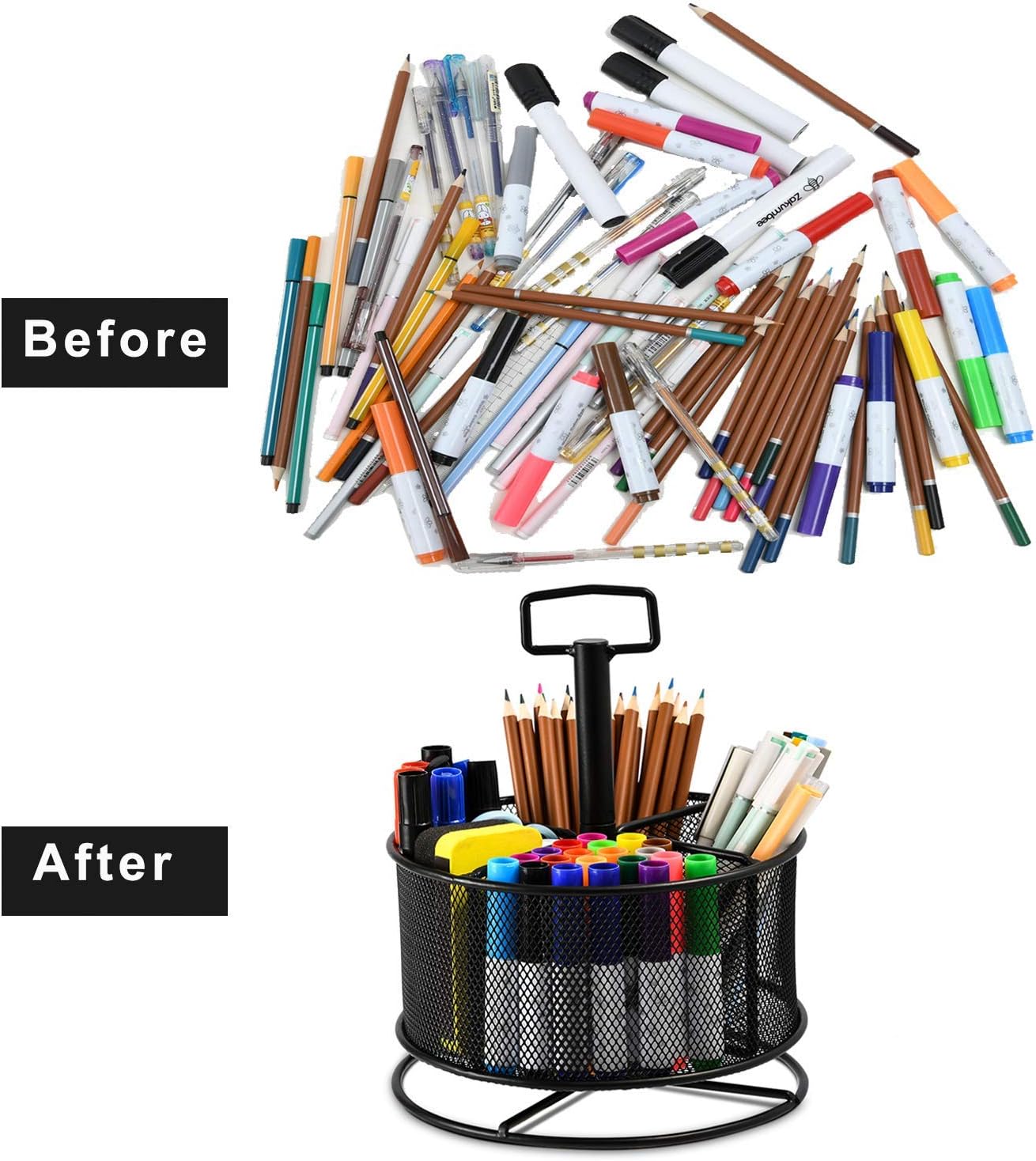 Marbrasse Mesh Desk Organizer, 360-Degree Rotating Multi-Functional Pen Holder, 4 Compartments Desktop Stationary Organizer, Home Office Art Supply Storage Box Caddy (Black)