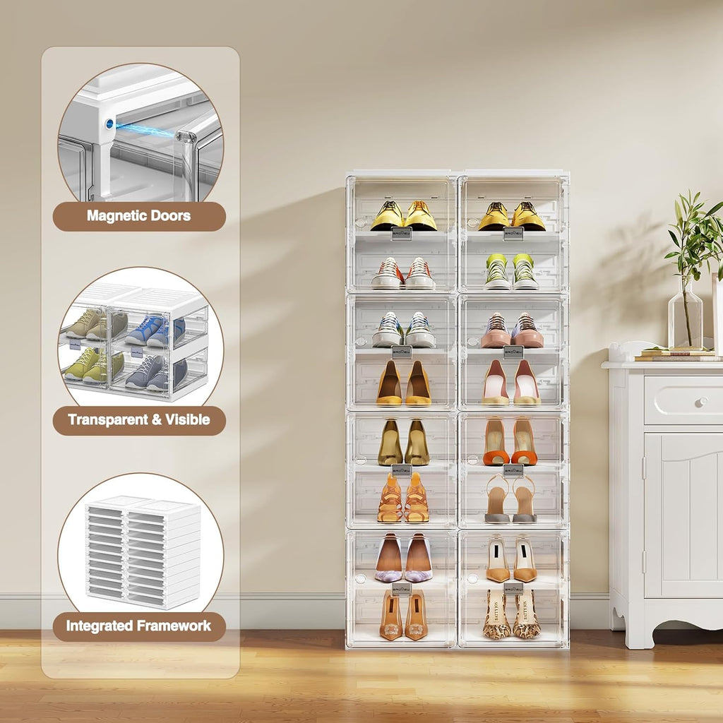 BROVIEW Foldable Shoe Rack, Large Stackable Sneaker Organizer Storage Box with Magnetic Clear Door, Plastic Folding Shoes Cabinet Bins, Shoe Shelf Space Saving for Closet, Entryway 8 Tier 16 Grids
