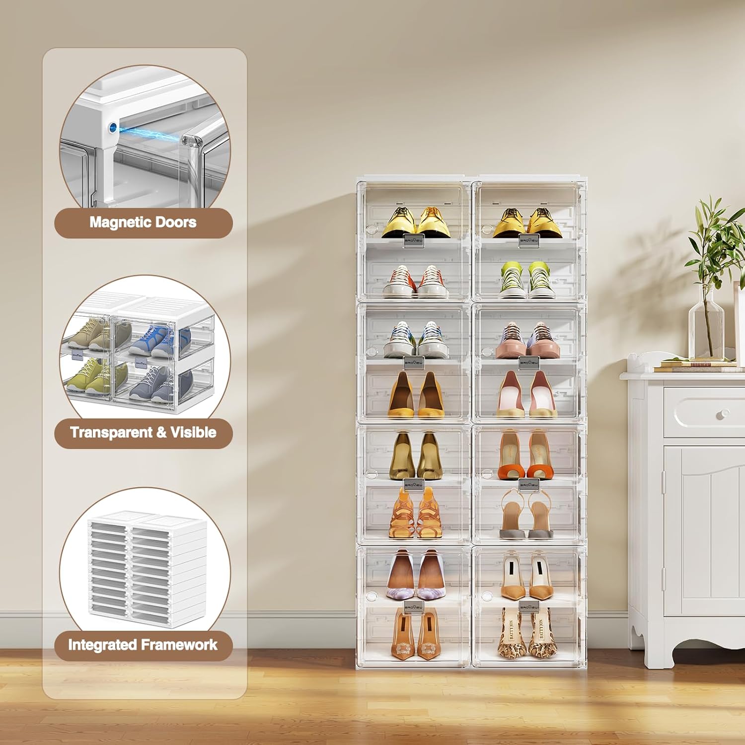 BROVIEW Foldable Shoe Rack, Large Stackable Sneaker Organizer Storage Box with Magnetic Clear Door, Plastic Folding Shoes Cabinet Bins, Shoe Shelf Space Saving for Closet, Entryway 8 Tier 16 Grids