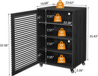 LEVNARY 5-Tier AV Media Cabinet with Grille Door, Modern Wooden Stereo Rack with Adjustable Shelves & Wheels, Audio Video Cabinet for Living Gaming Room Recording Studio (Black)