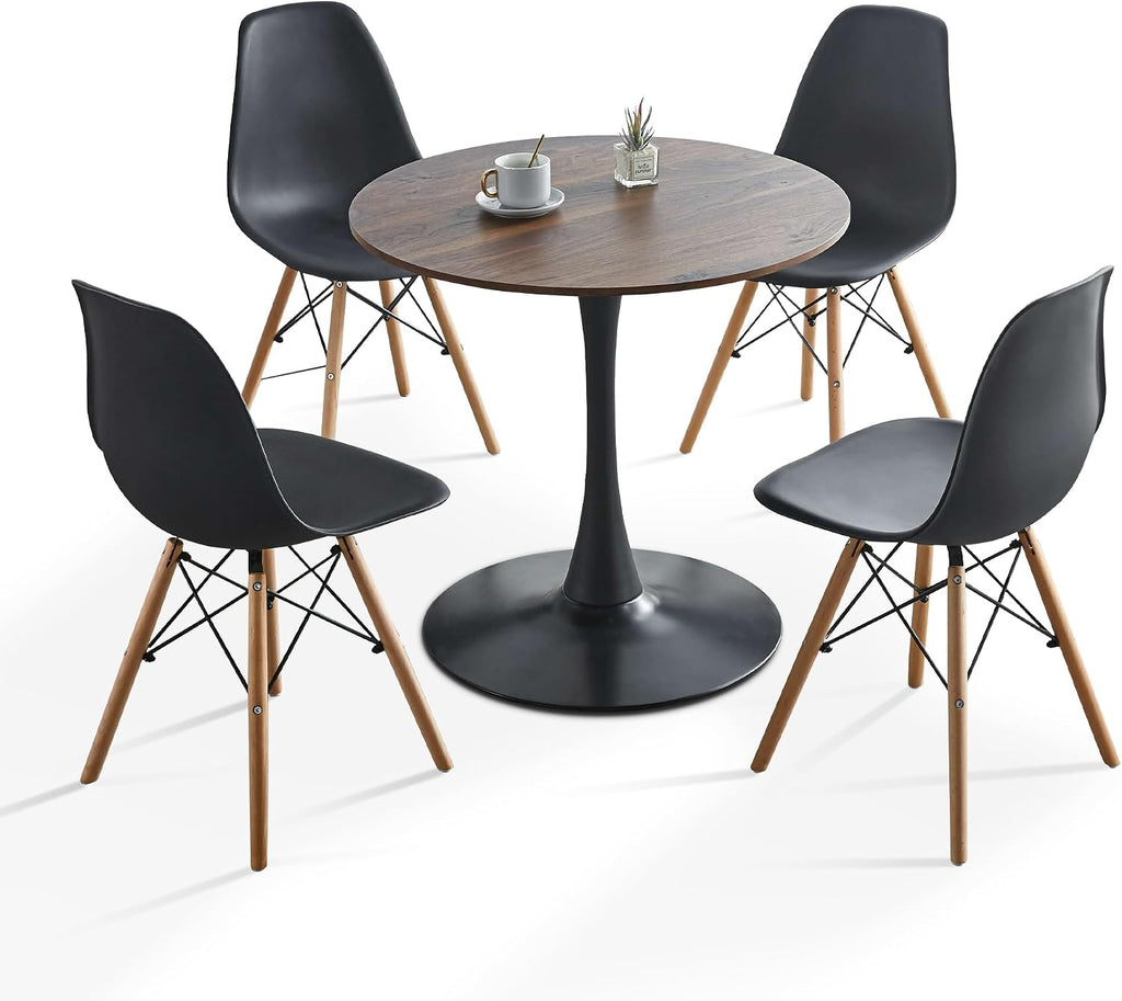 5-Piece Round Dining Table Set,31.5" Mid-Century Modern Kitchen Table with 4 Chairs,Tulip Pedestal Table & Solid Wood Legs,Space Saving Compact Furniture for Small Spaces Apartment Home,Walnut/Black