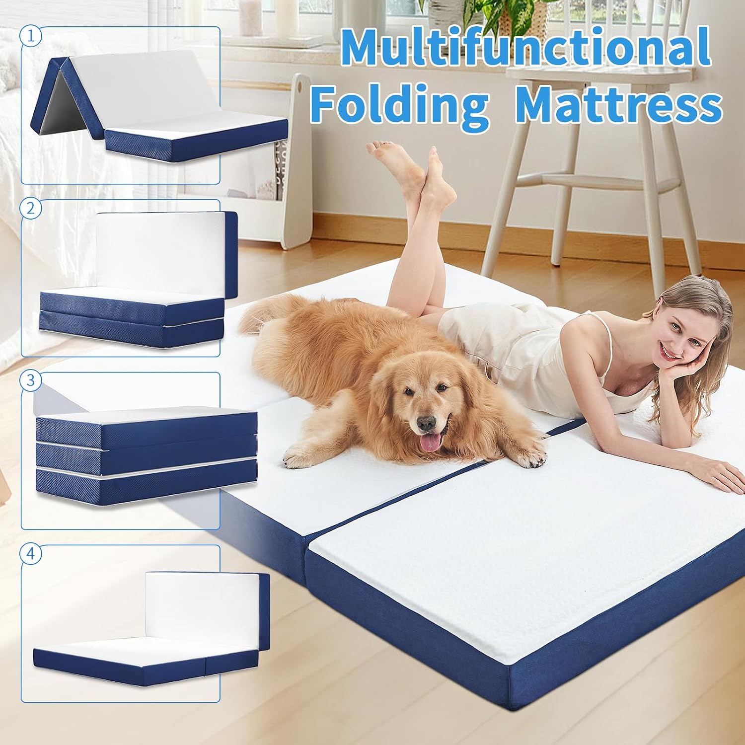 CYMULA Folding Mattress Queen Size, Memory Foam 6 inch Tri Portable Trifold Mattress Futon Topper Queen with Breathable & Washable Cover, Murphy Bed Guest Bed,58"x75"x6"