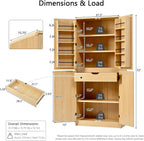 31.5x15.75x72Inches Natural Tall Farmhouse Kitchen Pantry Cabinet, 8 Door Shelves & 3 Adjustable Shelves, Curved Design with Hidden Drawer, for Kitchen Dining Bathroom Living Room