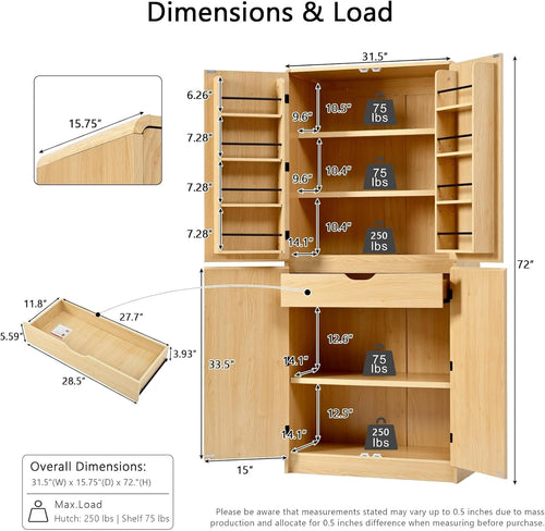 31.5x15.75x72Inches Natural Tall Farmhouse Kitchen Pantry Cabinet, 8 Door Shelves & 3 Adjustable Shelves, Curved Design with Hidden Drawer, for Kitchen Dining Bathroom Living Room