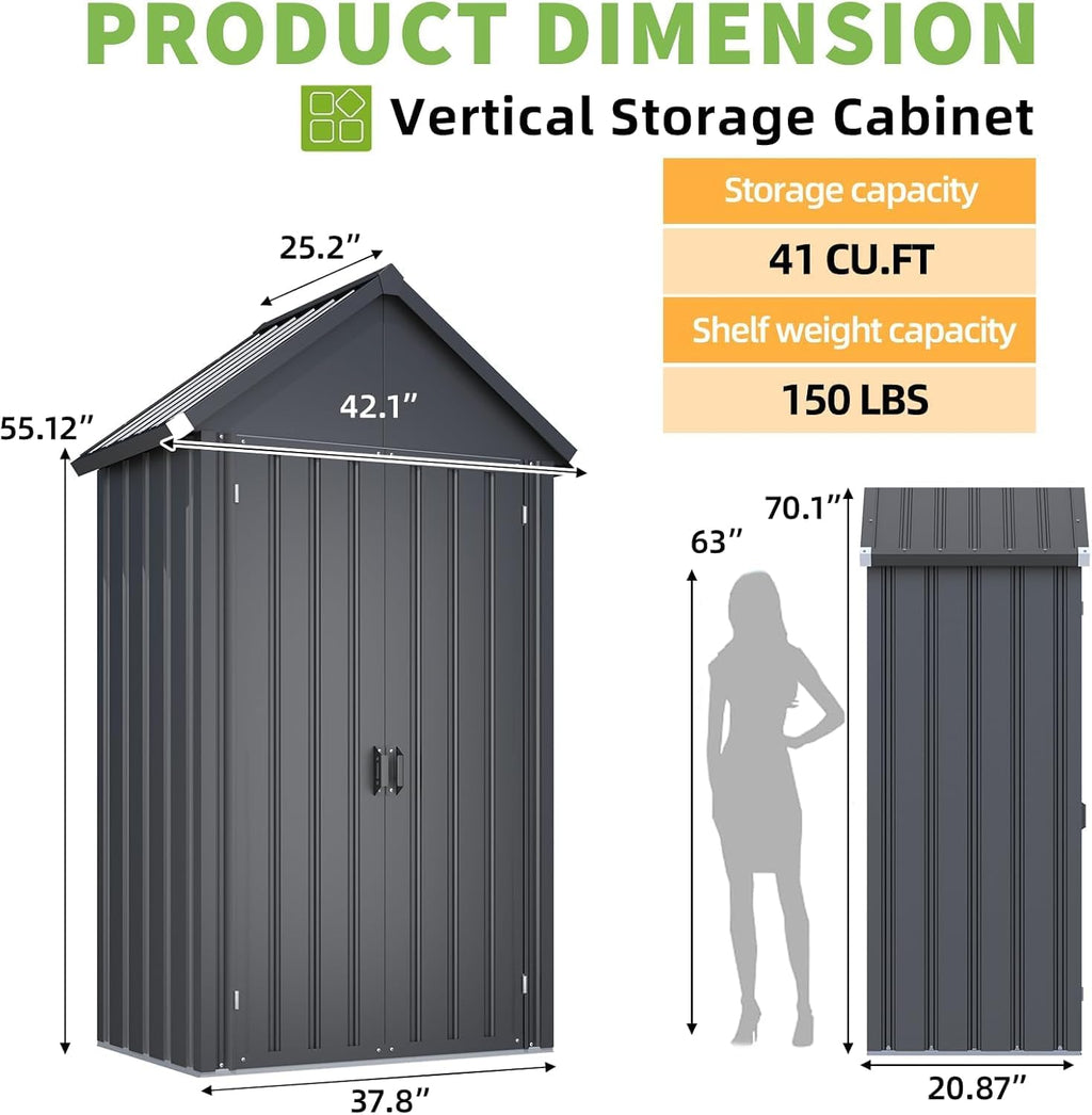 AECOJOY Outdoor Storage Cabinet Waterproof, Vertical Tall Sheds Cabinet with Shelves and Double Door, Garden Tool Sheds & Outdoor Storage Cabinet Weatherproof for Backyard, Patio, Lawn, Dark Gray